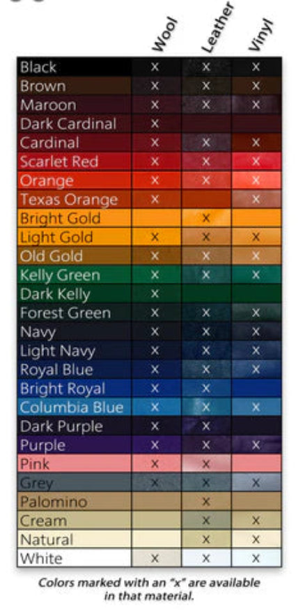 Color chart comparing wool, leather, and vinyl with available colors marked by 'x' for custom Letterman designs
