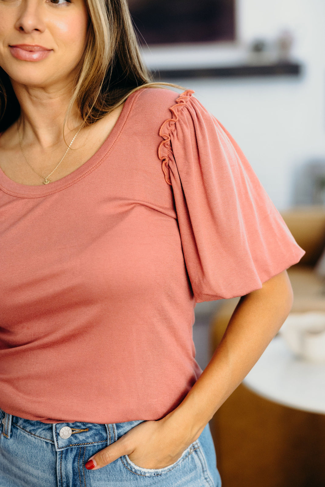 BUBBLE SLEEVE BLOUSE IN MUTED ORCHID