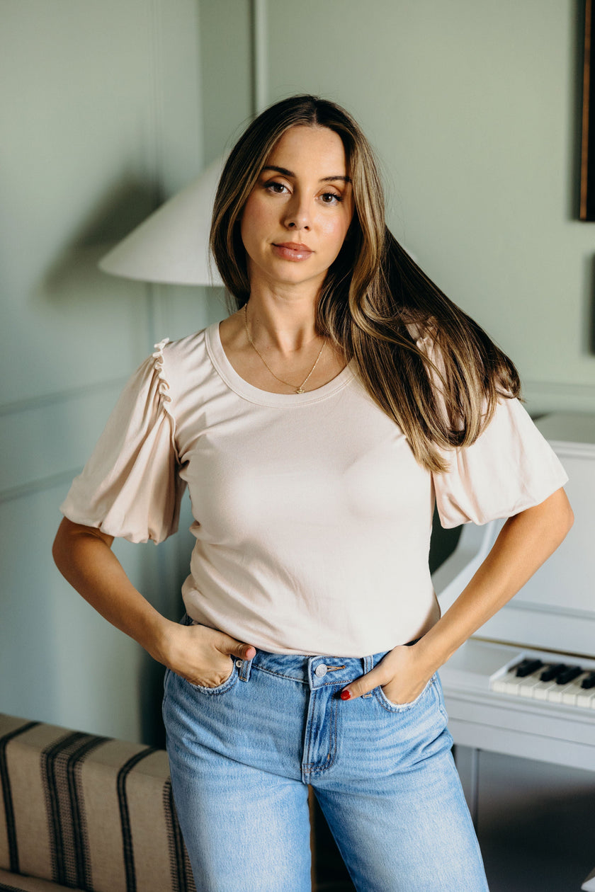 BUBBLE SLEEVE BLOUSE IN PEARL