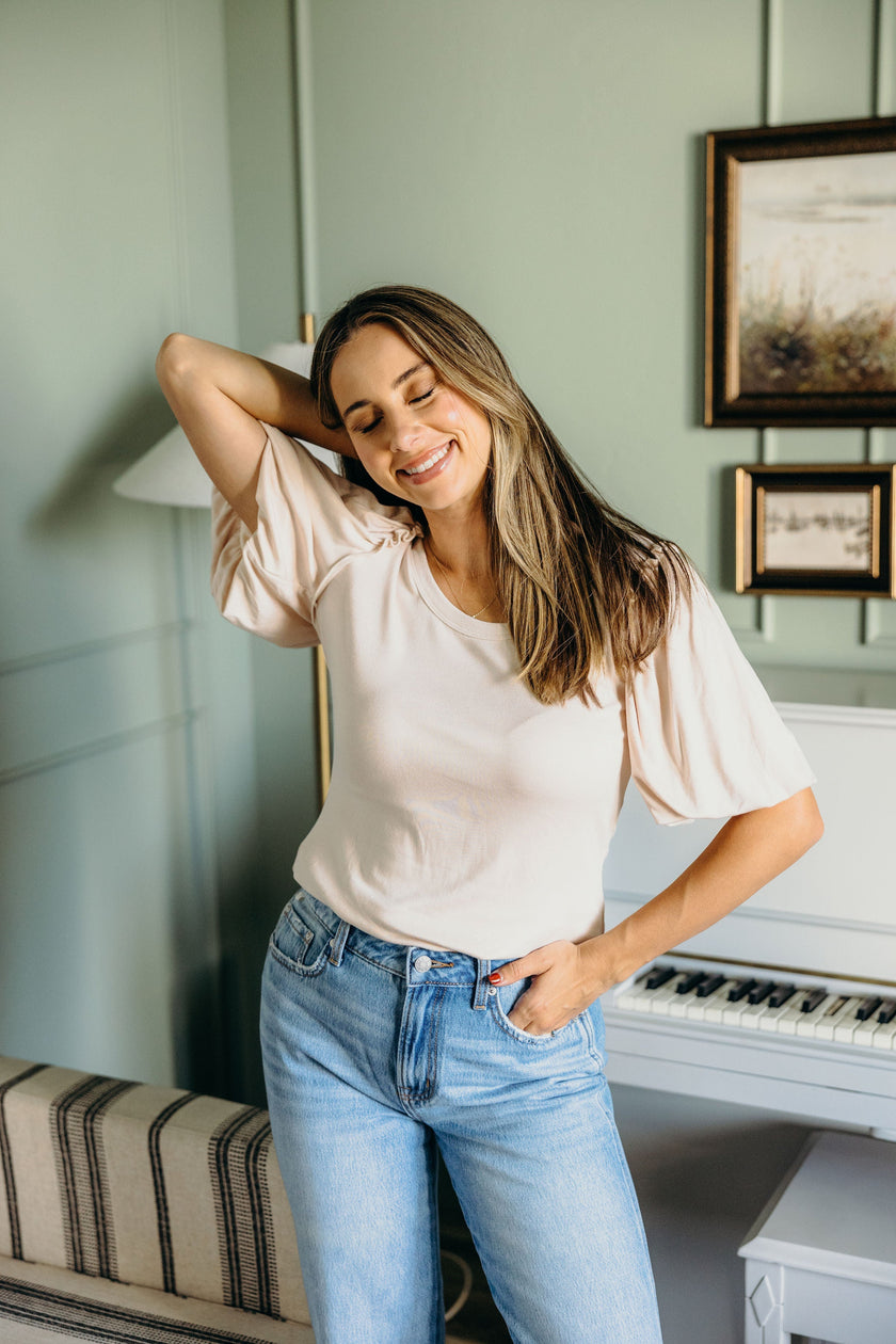 BUBBLE SLEEVE BLOUSE IN PEARL
