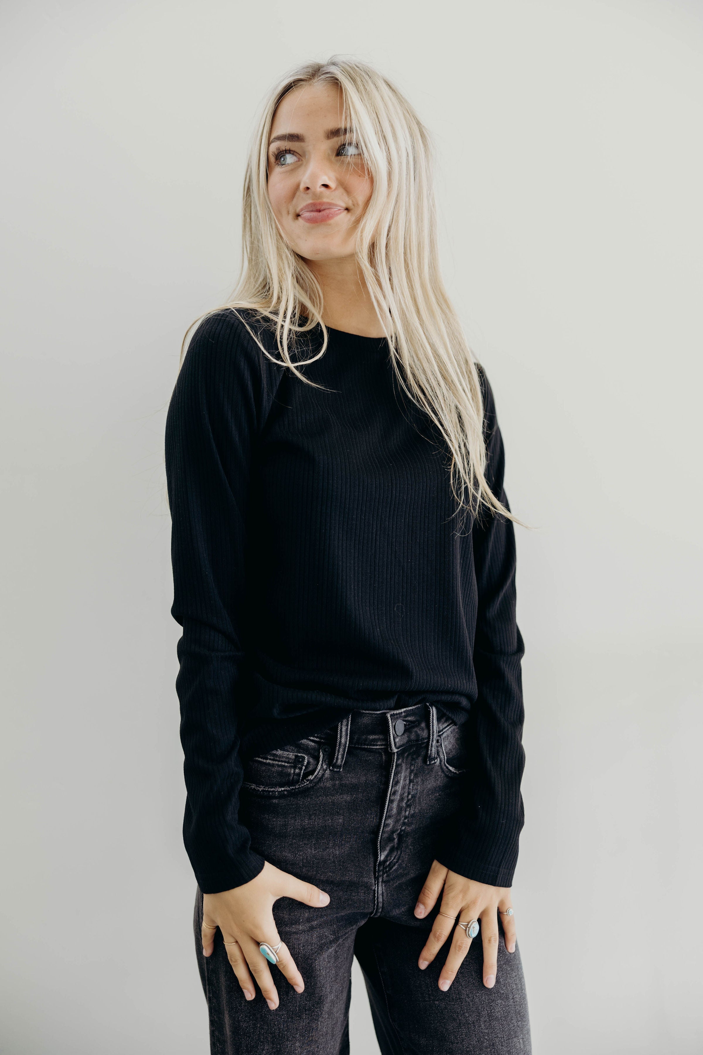 POINTELLE LONG SLEEVE TEE IN BLACK