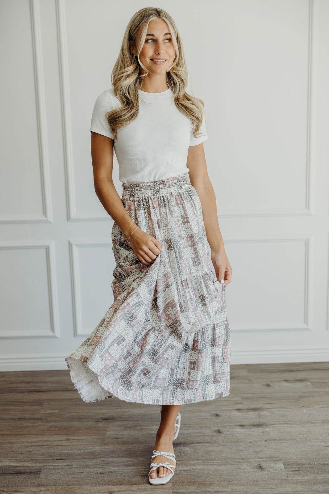 TIERED BOHO SKIRT IN OLIVE PATCHWORK