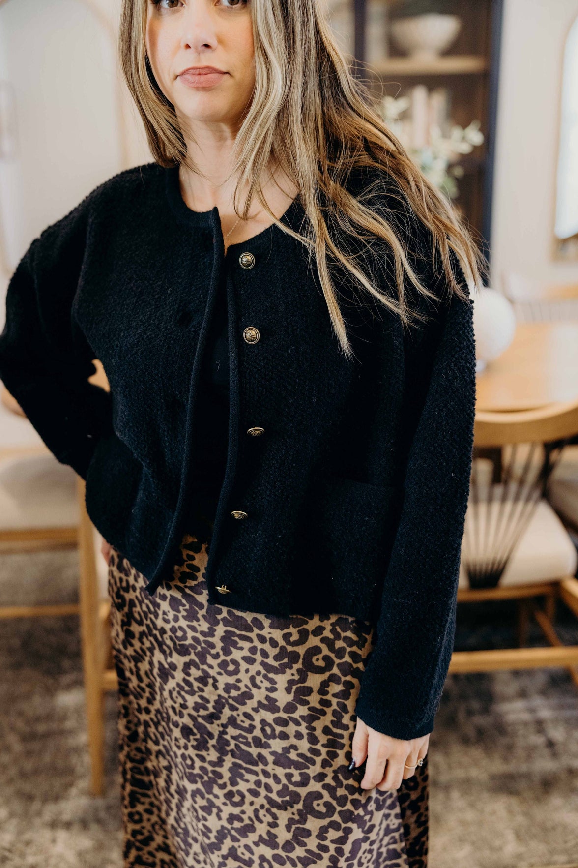 BUTTON FRONT CARDI IN BLACK