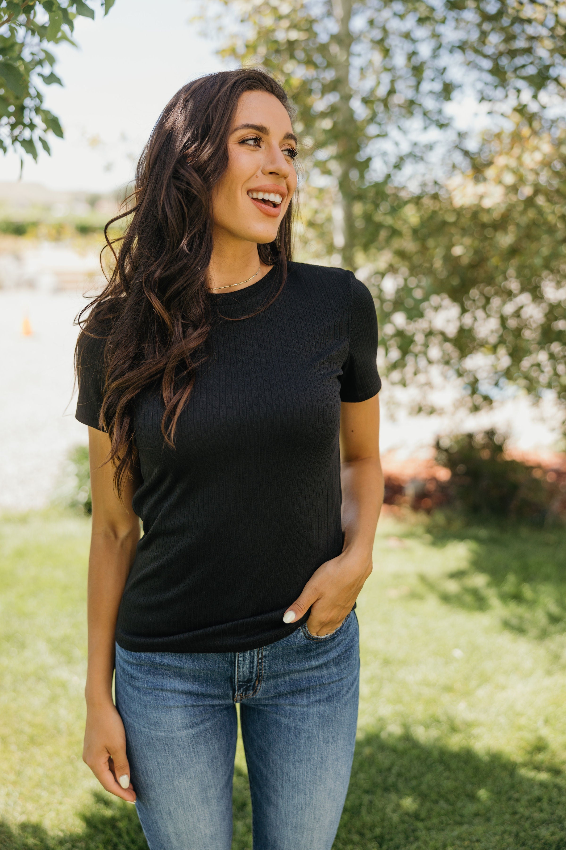 LETTUCE EDGE POINTELLE TEE IN BLACK