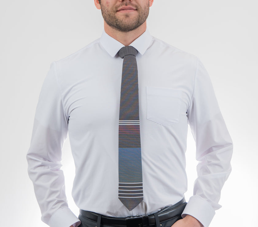 Man wearing a modern, cool, striped necktie