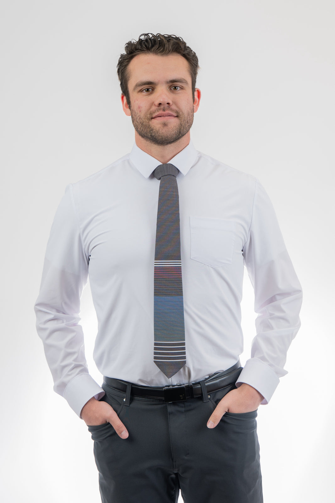 Man wearing a modern, cool, striped necktie