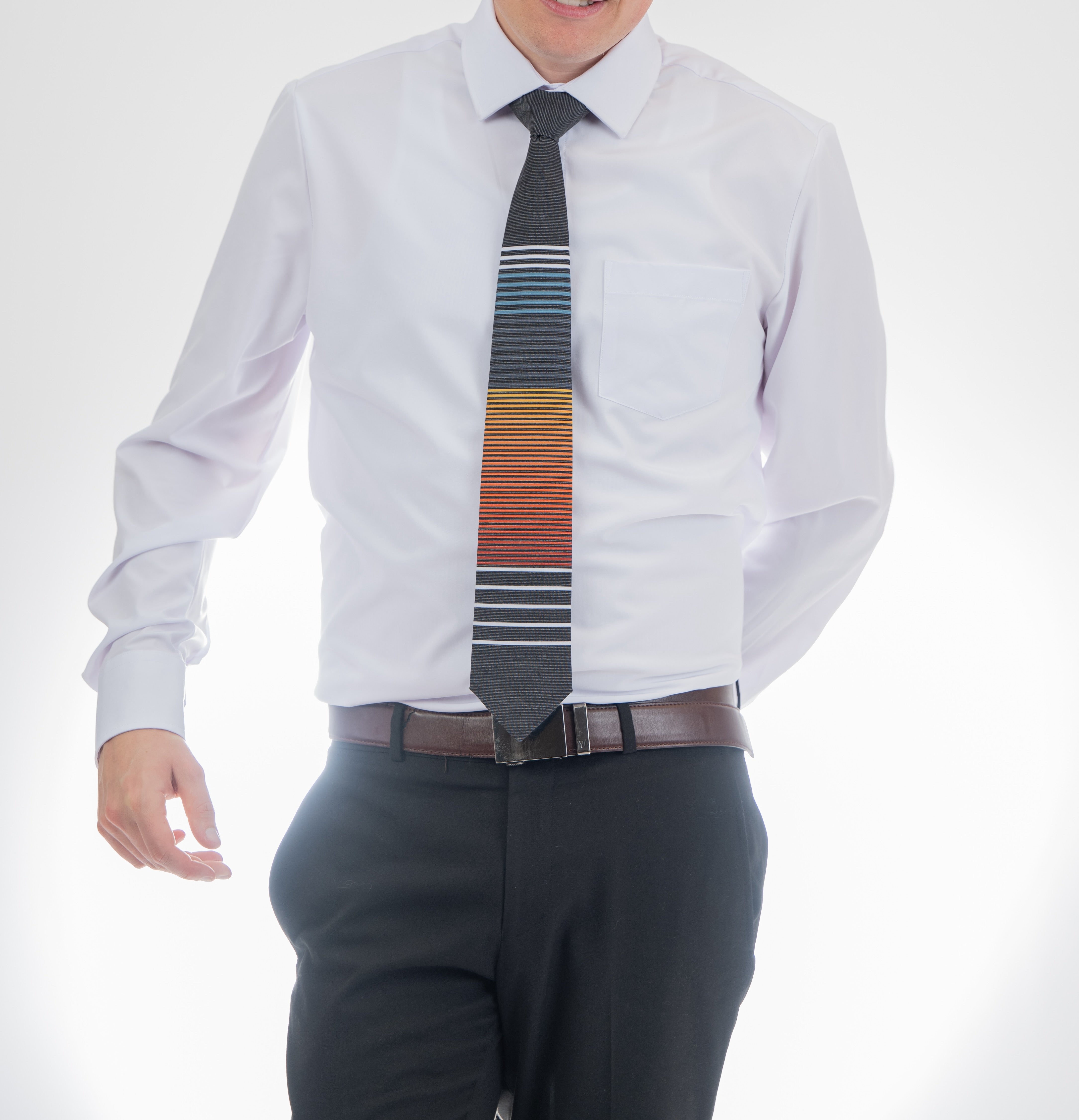 Man wearing a cool, modern, horizontal striped necktie Tie crafted for durability and class – Kator Shop Logan’s signature accessory for modern Utah men.