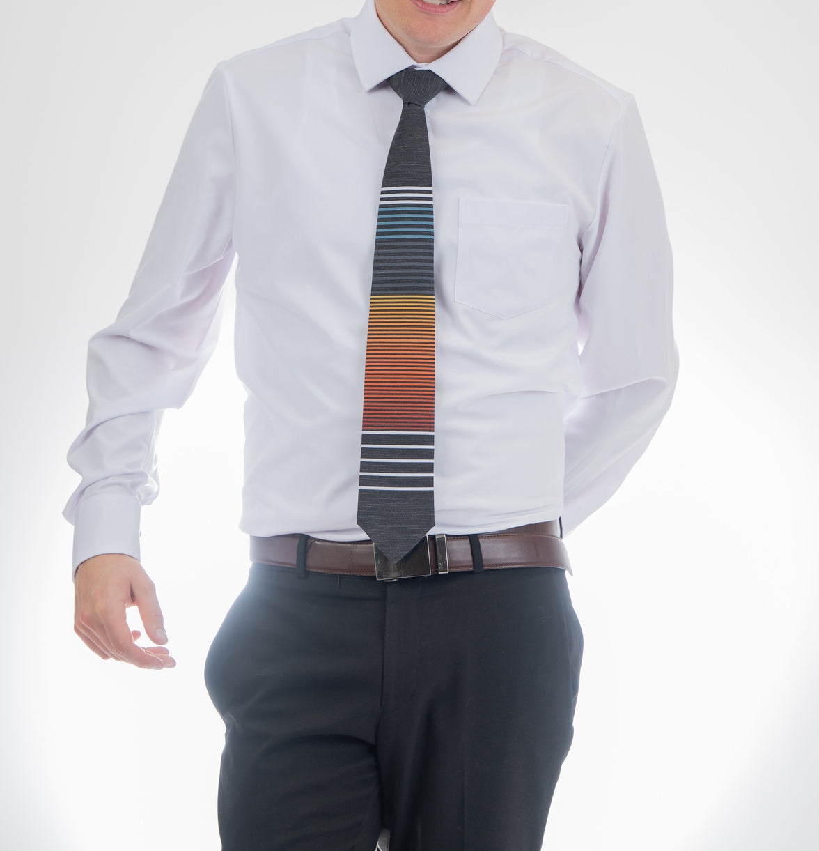 Man wearing a cool, modern, horizontal striped necktie Tie crafted for durability and class – Kator Shop Logan’s signature accessory for modern Utah men.