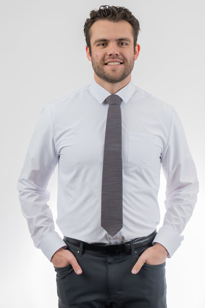 Man wearing a cool, modern, charcoal gray necktie