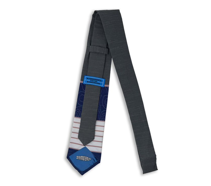 A gray, pink, and blue men's necktie with stripes and topography lines pattern