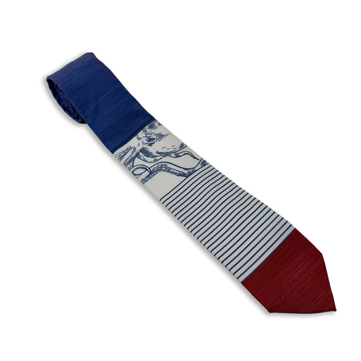 A blue, white, and red necktie with stripes and an octopus on it