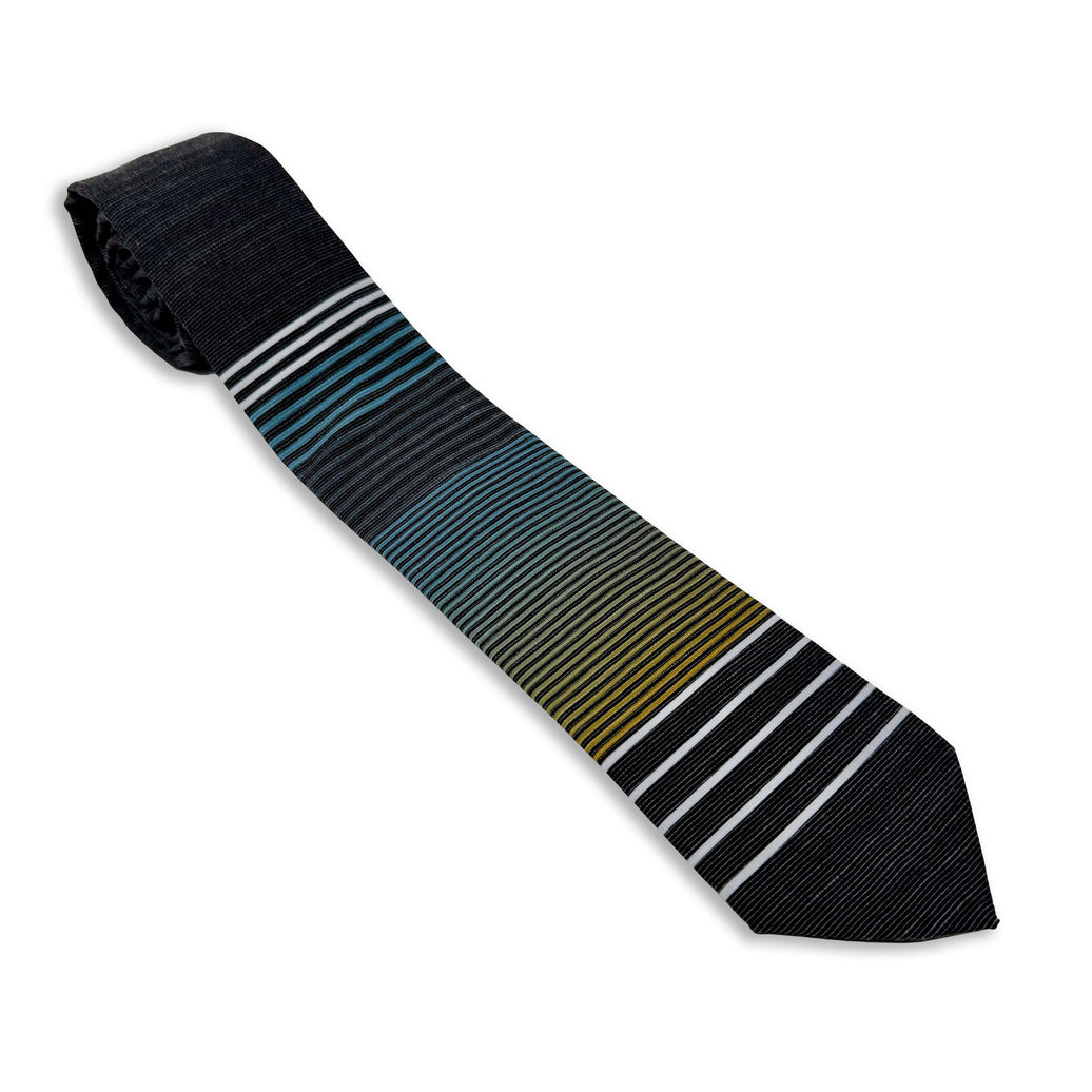 A cool, modern, striped blue and yellow necktie