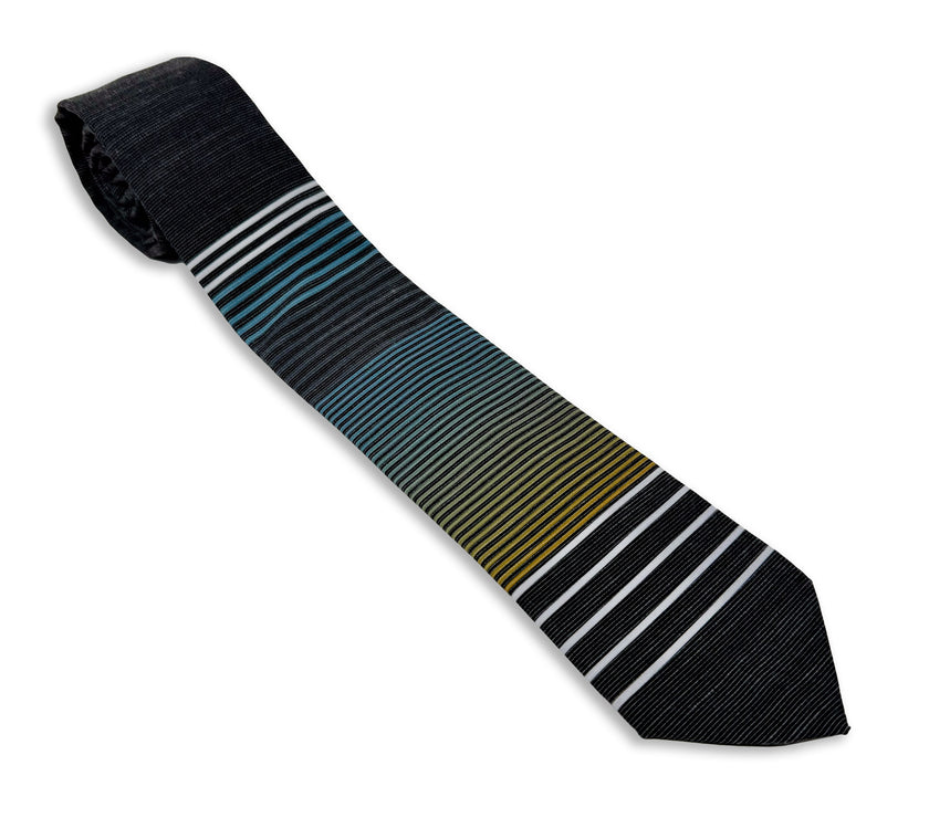 A cool, modern, striped blue and yellow necktie