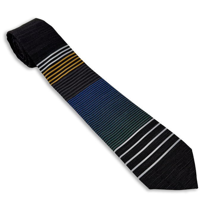 A cool, modern, striped blue and yellow necktie