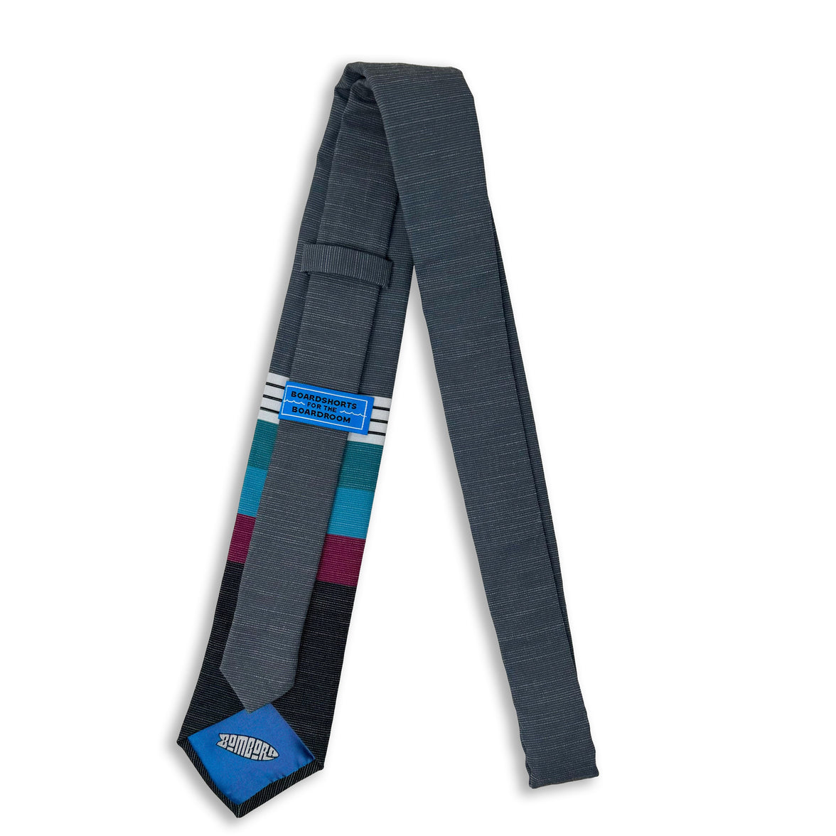 A cool, modern necktie with thick purple, green, turquoise stripes