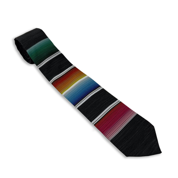 A fun, modern necktie with colorful stripes in the style of a Mexican blanket 