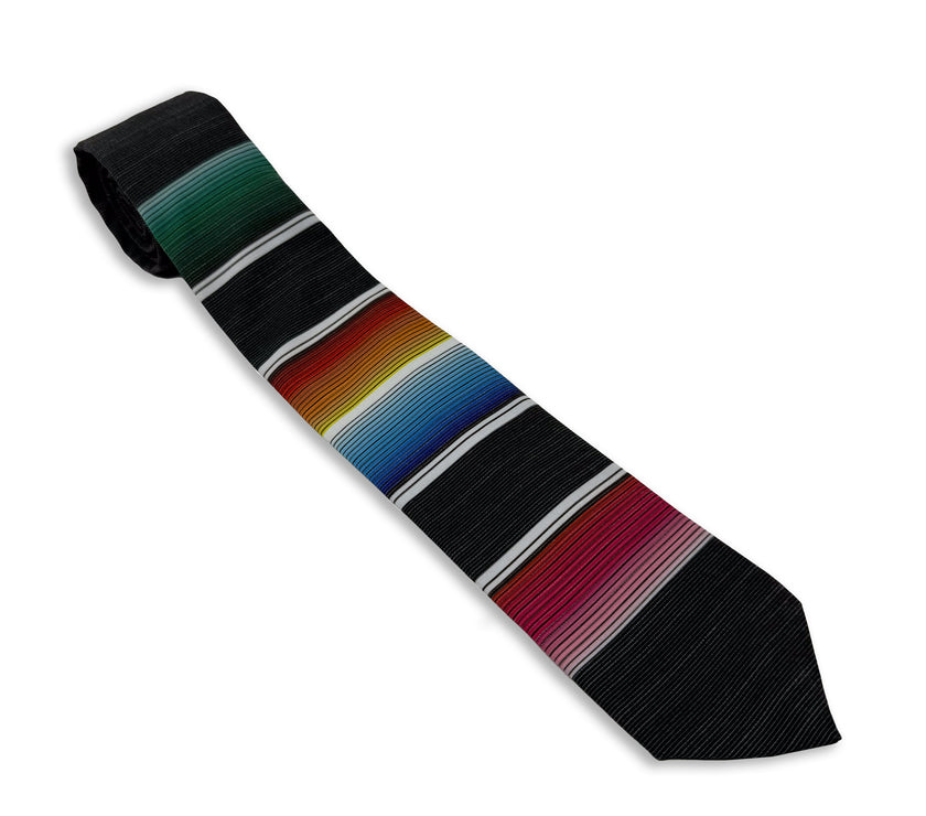 A fun, modern necktie with colorful stripes in the style of a Mexican blanket 