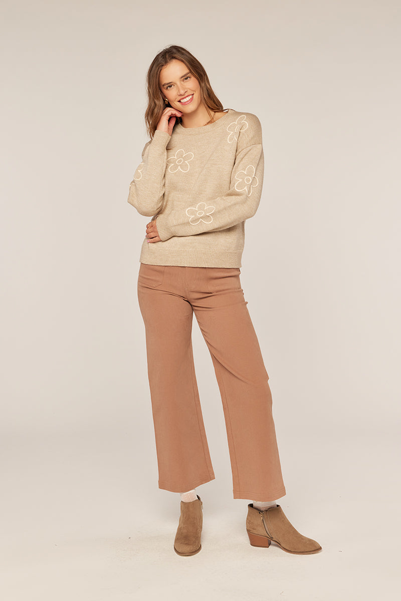 Tea N Rose Embroidery mock neck sweater - Taupe/Ivory