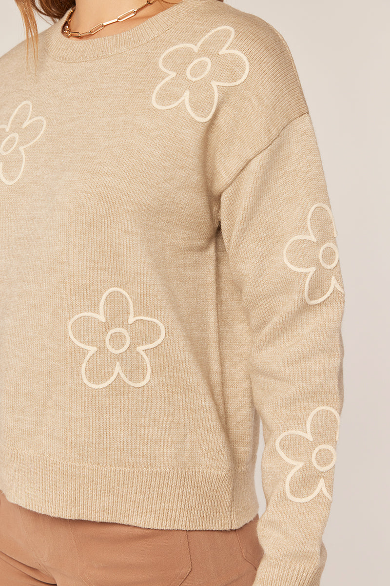 Tea N Rose Embroidery mock neck sweater - Taupe/Ivory