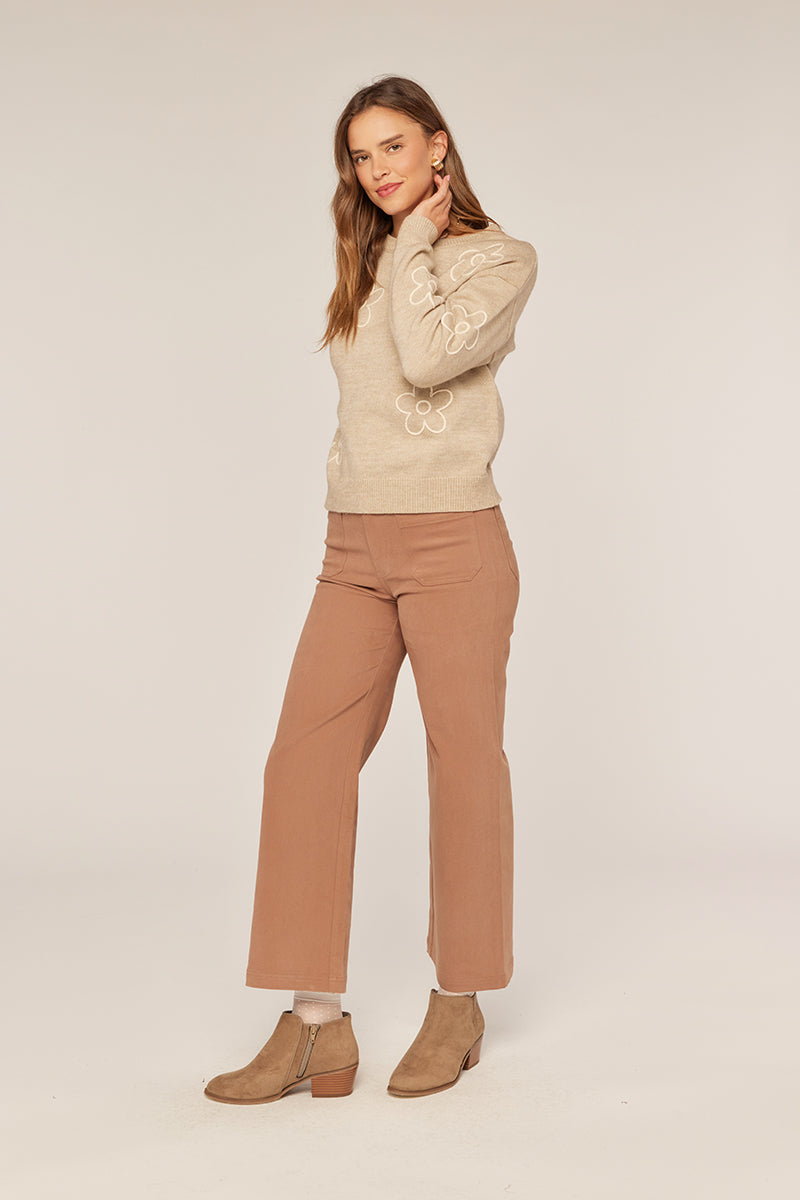 Tea N Rose Embroidery mock neck sweater - Taupe/Ivory