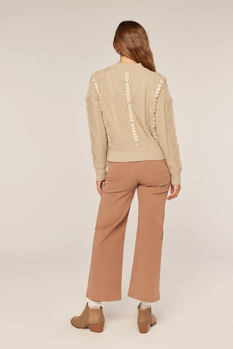 Tea N Rose - Braid Detail Mock Neck Sweater - Warm Grey