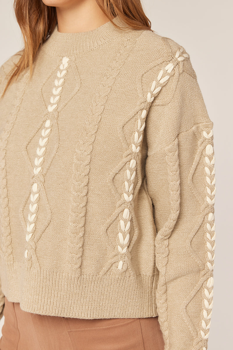 Tea N Rose - Braid Detail Mock Neck Sweater - Warm Grey