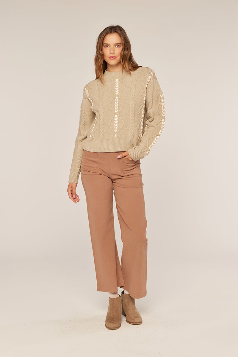 Tea N Rose - Braid Detail Mock Neck Sweater - Warm Grey