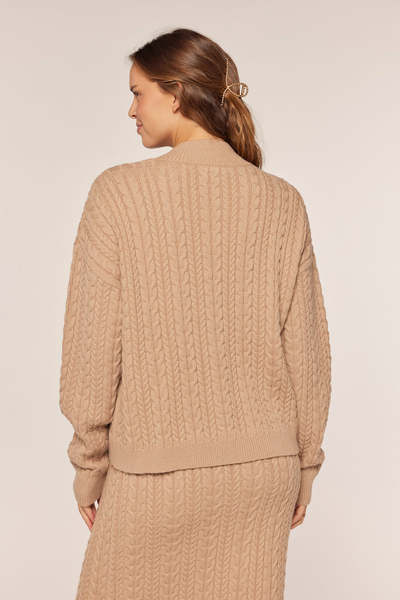 Tea N Rose - Cable Knit Mock Neck Sweater Top - Light Beige