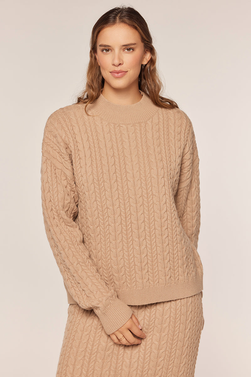 Tea N Rose - Cable Knit Mock Neck Sweater Top - Light Beige