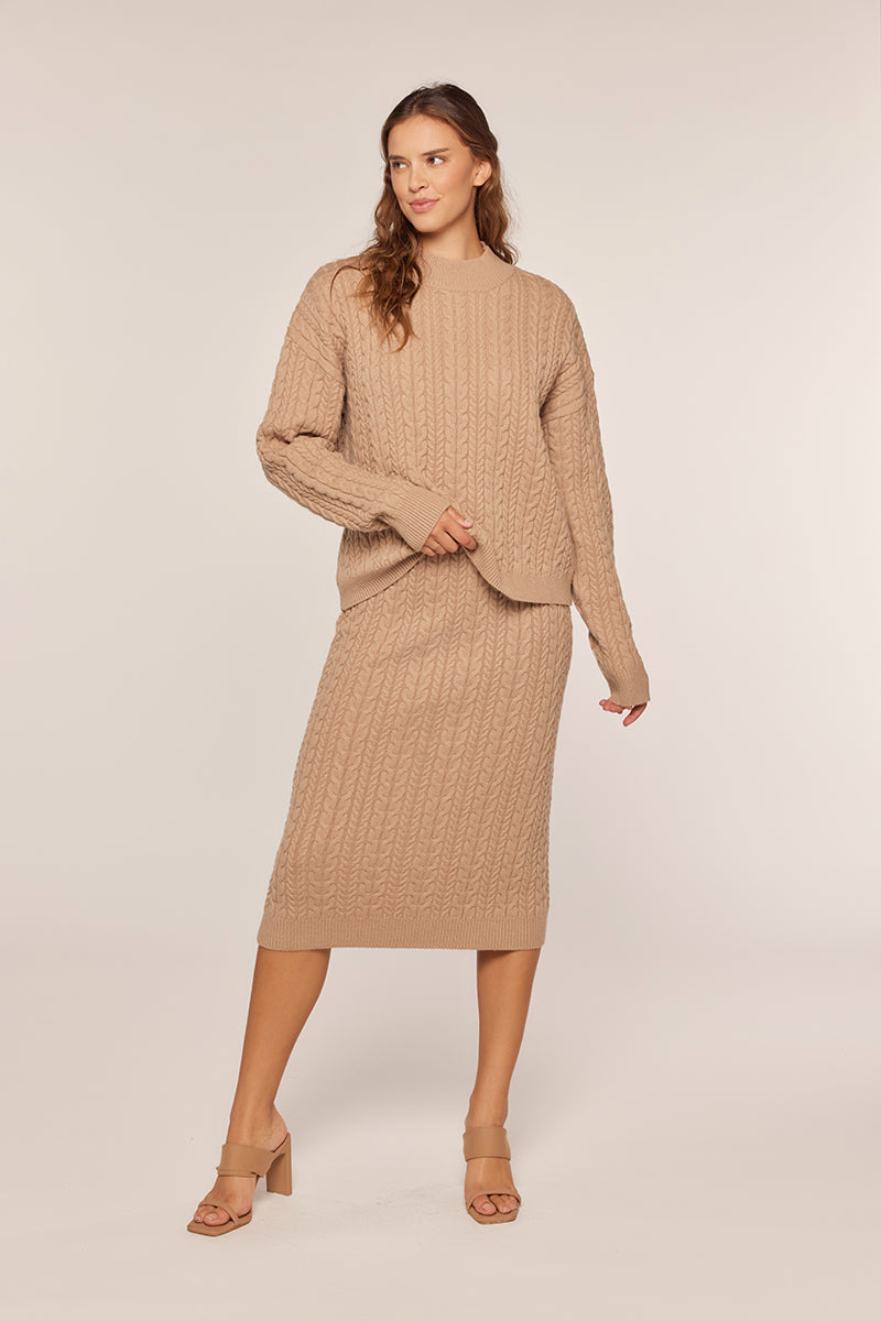 Tea N Rose - Cable Knit Sweater Midi Skirt - Light Beige