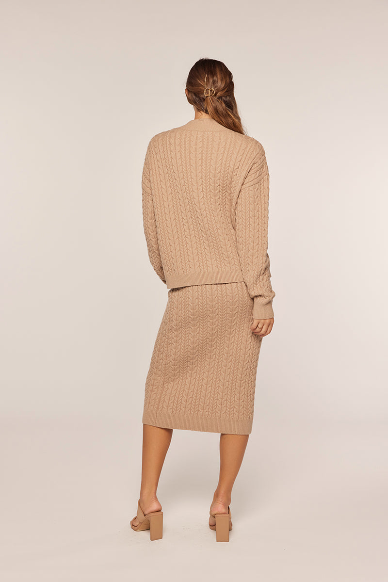 Tea N Rose - Cable Knit Mock Neck Sweater Top - Light Beige