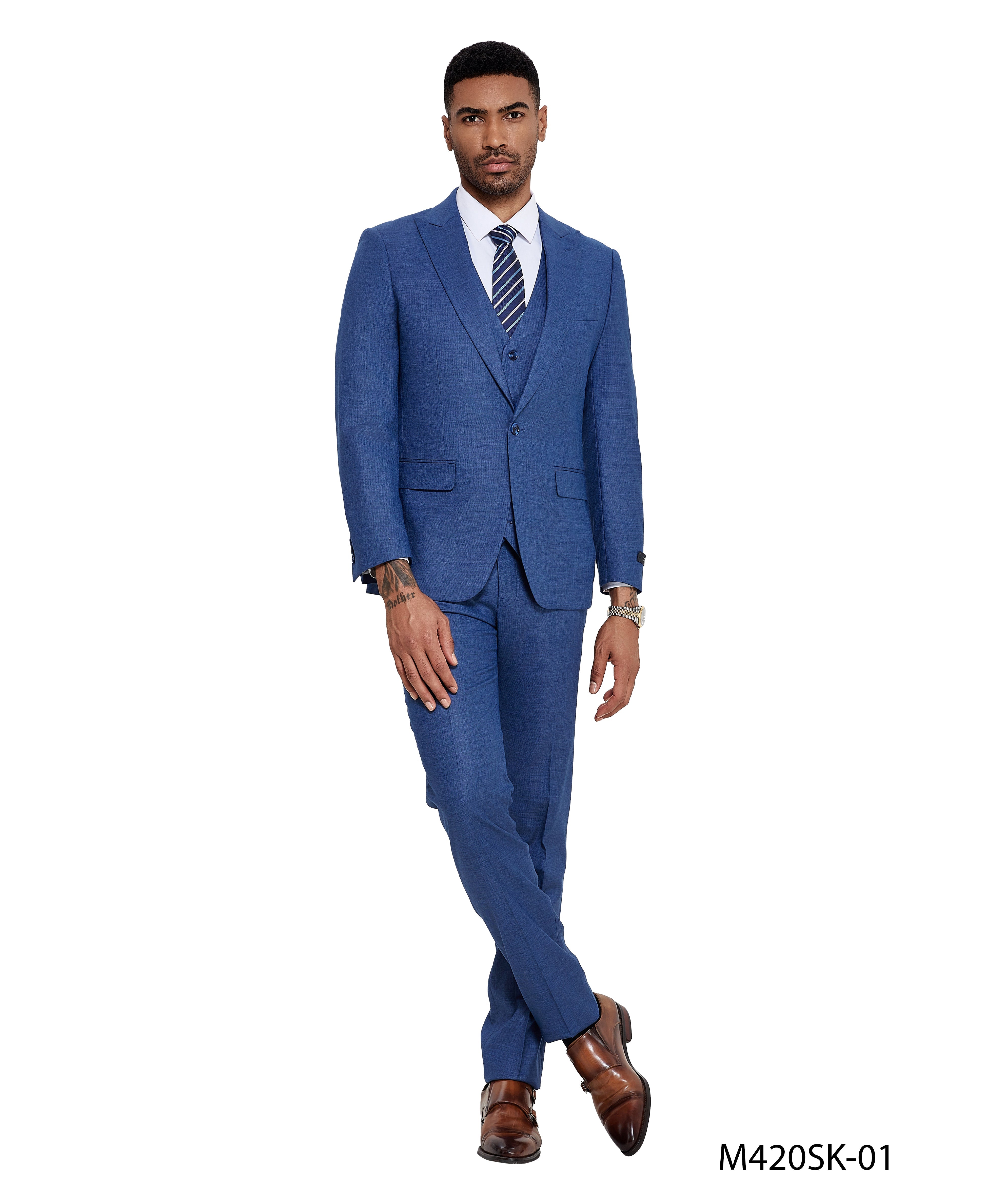 3 PC Solid Textured Peak Lapel Suit