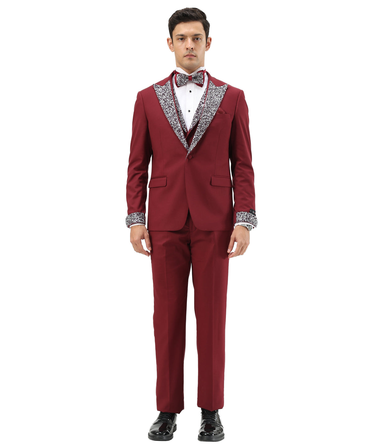 3 PC Solid Satin Rhinestone Peak Lapel Collared Vest Suit