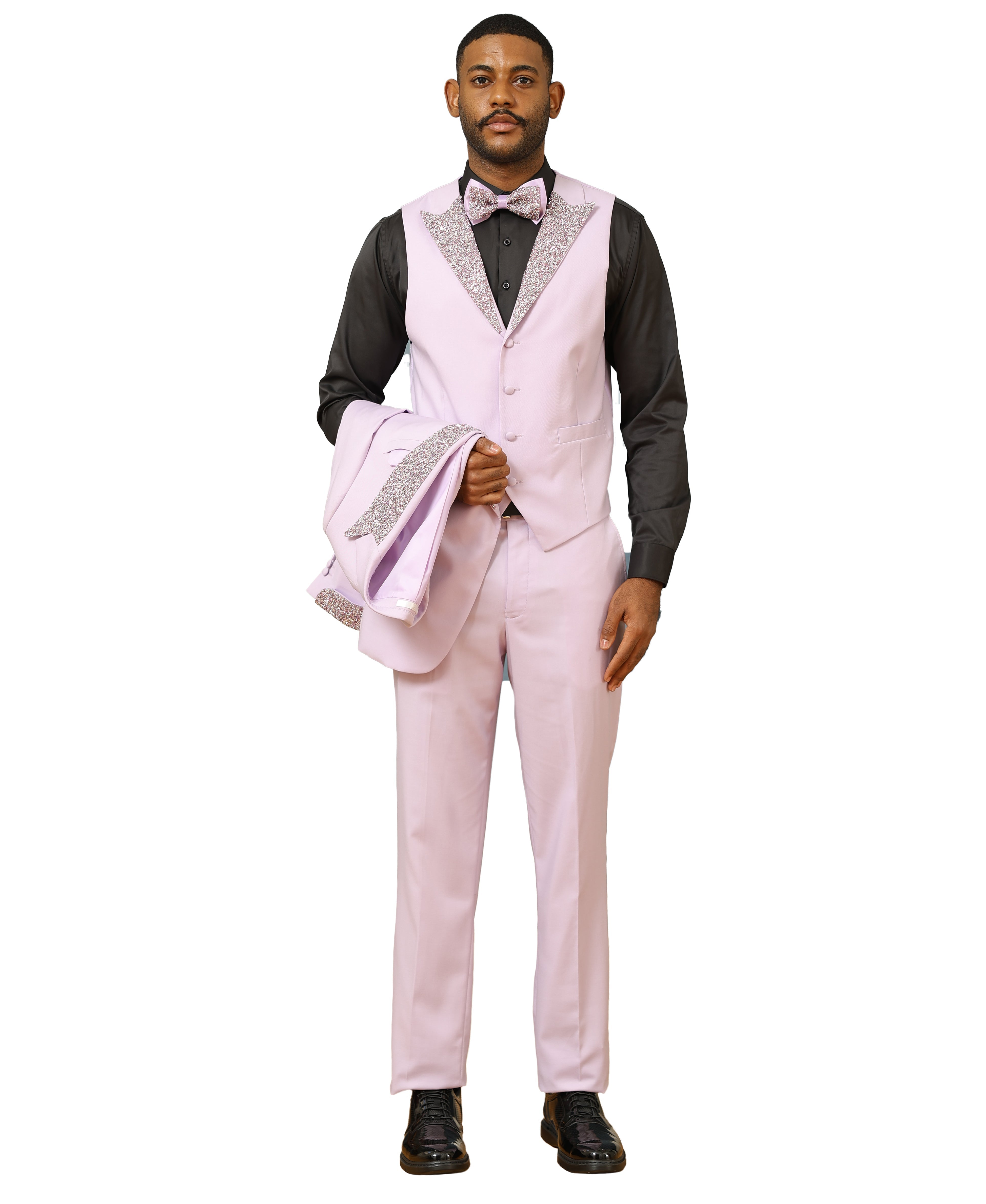 3 PC Solid Satin Rhinestone Peak Lapel Collared Vest Suit
