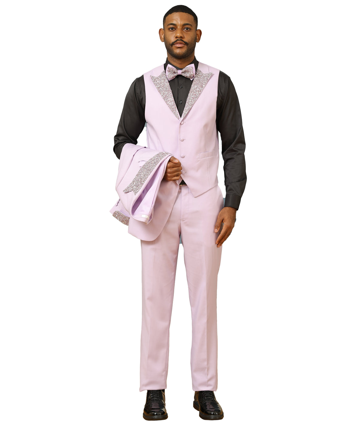 3 PC Solid Satin Rhinestone Peak Lapel Collared Vest Suit