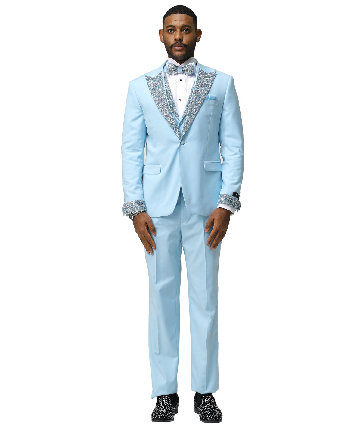 3 PC Solid Satin Rhinestone Peak Lapel Collared Vest Suit