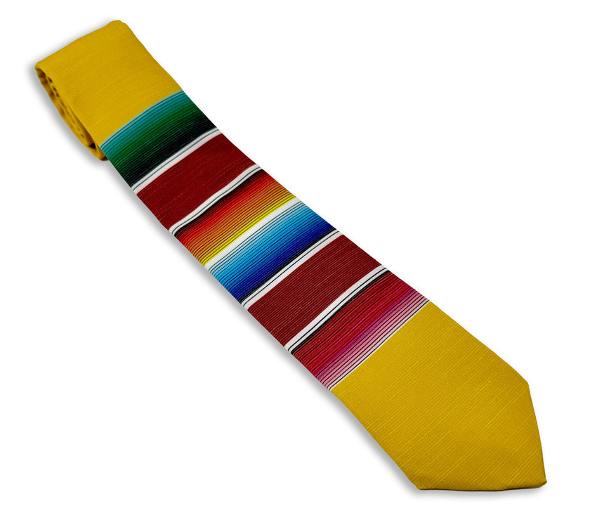 A fun, yellow necktie with multicolored stripes in the style of a Mexican blanket