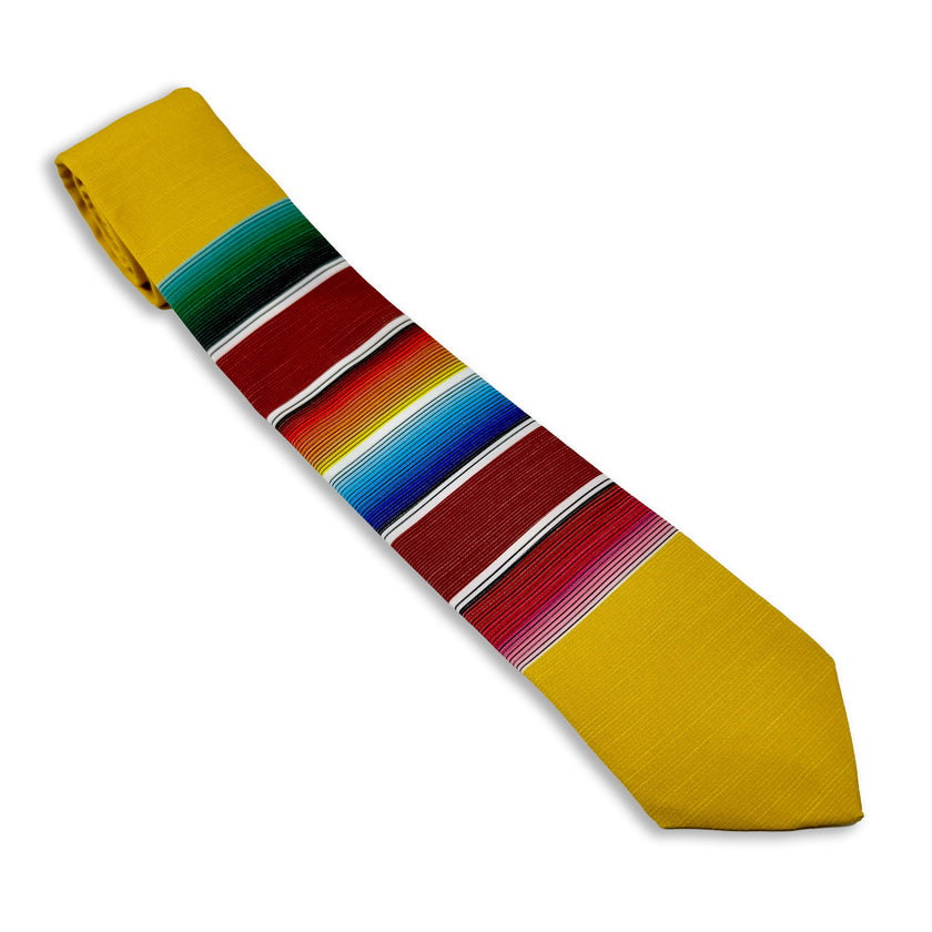 A fun, yellow necktie with multicolored stripes in the style of a Mexican blanket