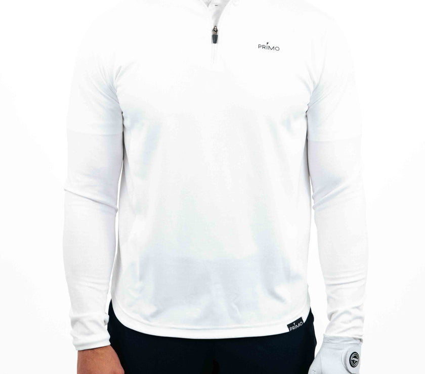 PrimoMen_sWhiteQuarterZip-1_ on display at Kator Shop – refined Utah men’s fashion made with quality materials and care.