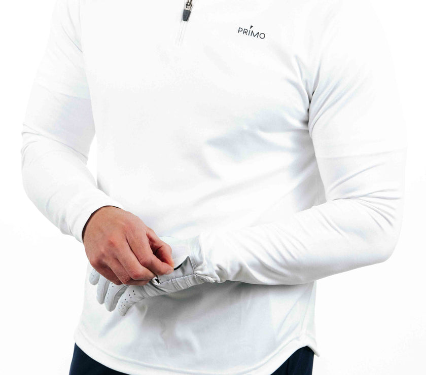 PrimoMen_sWhiteQuarterZip-2_on display at Kator Shop – refined Utah men’s fashion made with quality materials and care.