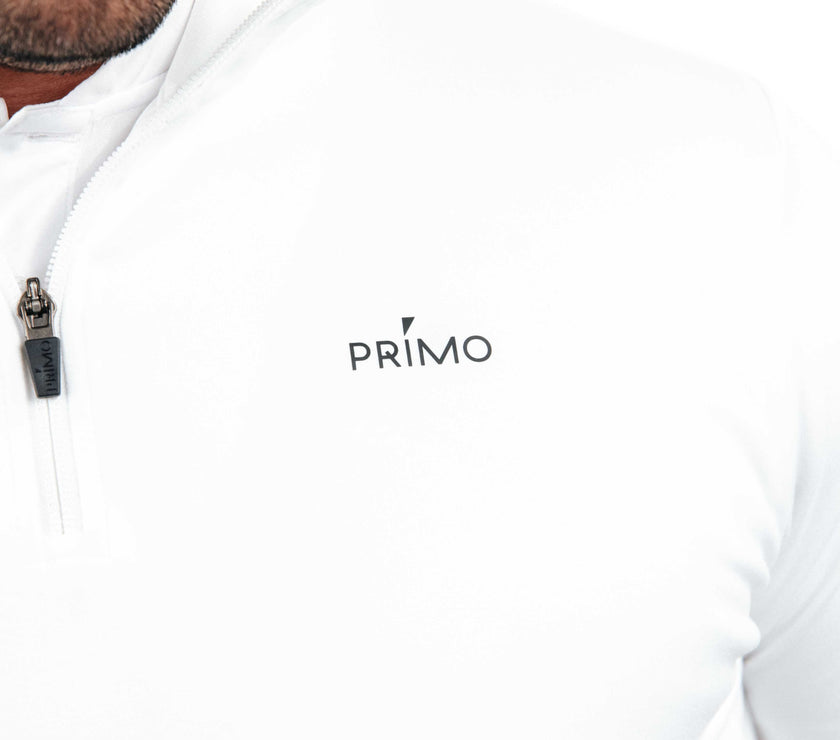 PrimoMen_sWhiteQuarterZip-3_on display at Kator Shop – refined Utah men’s fashion made with quality materials and care.