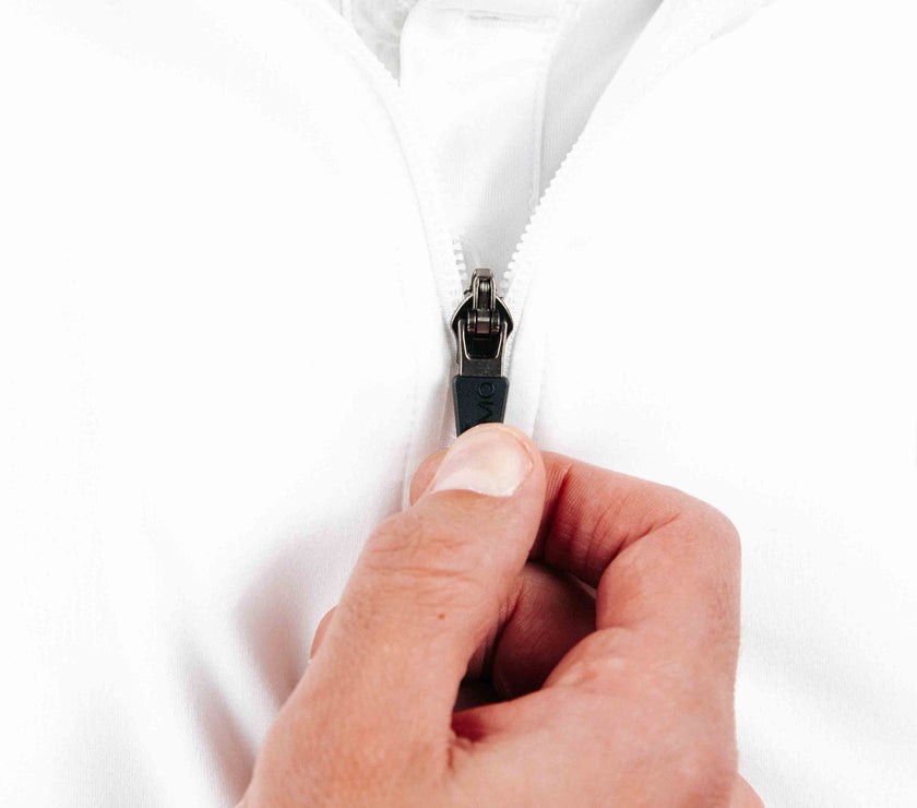 PrimoMen_sWhiteQuarterZip-4_on display at Kator Shop – refined Utah men’s fashion made with quality materials and care.