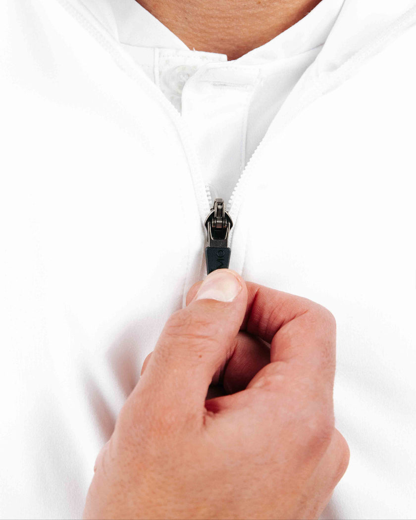 PrimoMen_sWhiteQuarterZip-4_on display at Kator Shop – refined Utah men’s fashion made with quality materials and care.