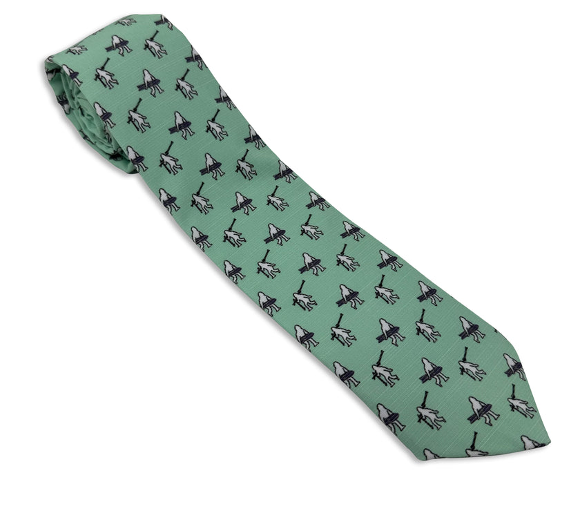 A necktie with yetis, skis, and snowboarding. Missionary tie built to last through daily wear — crafted in Logan, Utah by Kator Shop for elders serving around the world.