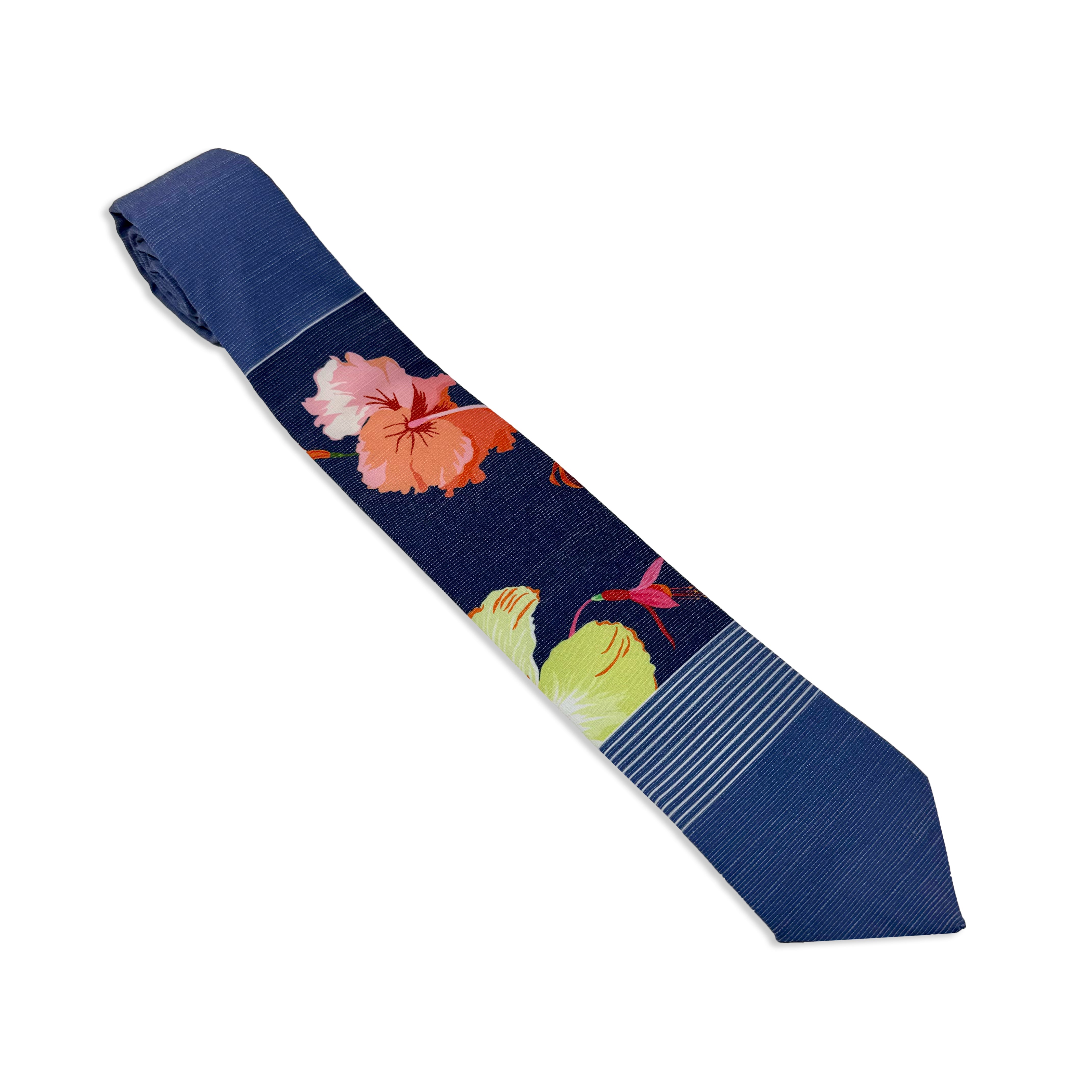 Sky Hibiscus Panel Men's Tie. A modern, tropical floral necktie. Missionary tie from Kator Shop in Logan, Utah — built to last through daily wear with clean, classic design for elders serving worldwide.
