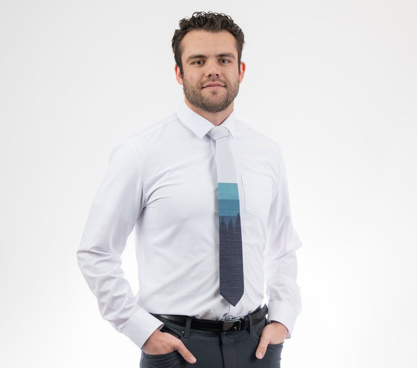 Sunrise Pines (blue-gray) Men's Tie  Formal tie from Kator Shop Logan — refined Utah design for galas, ceremonies, and special occasions.