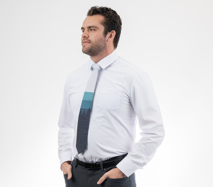 Sunrise Pines (blue-gray) Men's Tie Tie built for LDS missionaries from Kator Shop in Logan, Utah — durable, clean, and made to last through daily wear.