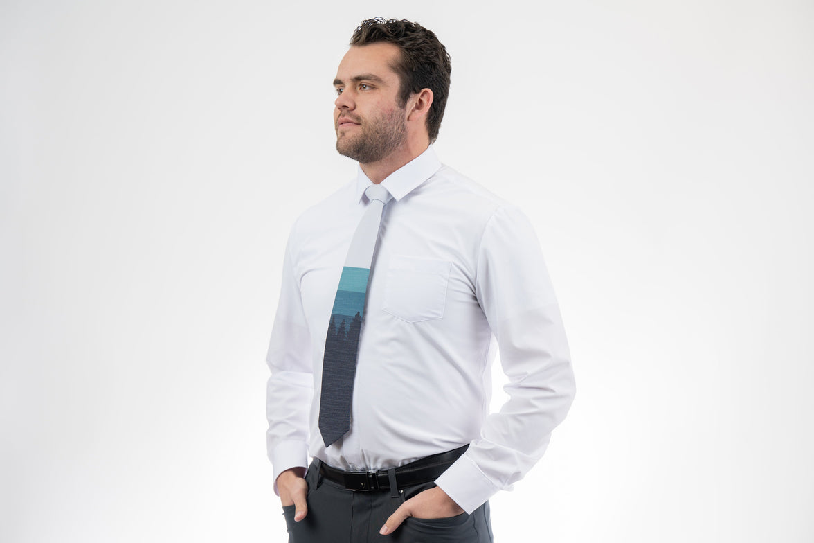 Sunrise Pines (blue-gray) Men's Tie Tie built for LDS missionaries from Kator Shop in Logan, Utah — durable, clean, and made to last through daily wear.