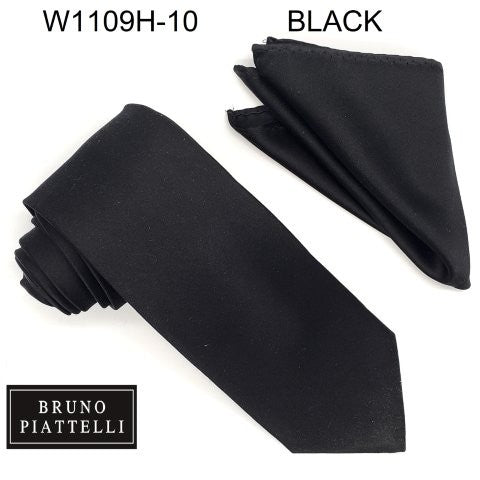 Black tie and pocket square set with Bruno Piattelli branding on a white background