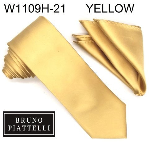 Gold tie and matching pocket square with Bruno Piattelli branding on a white background.
